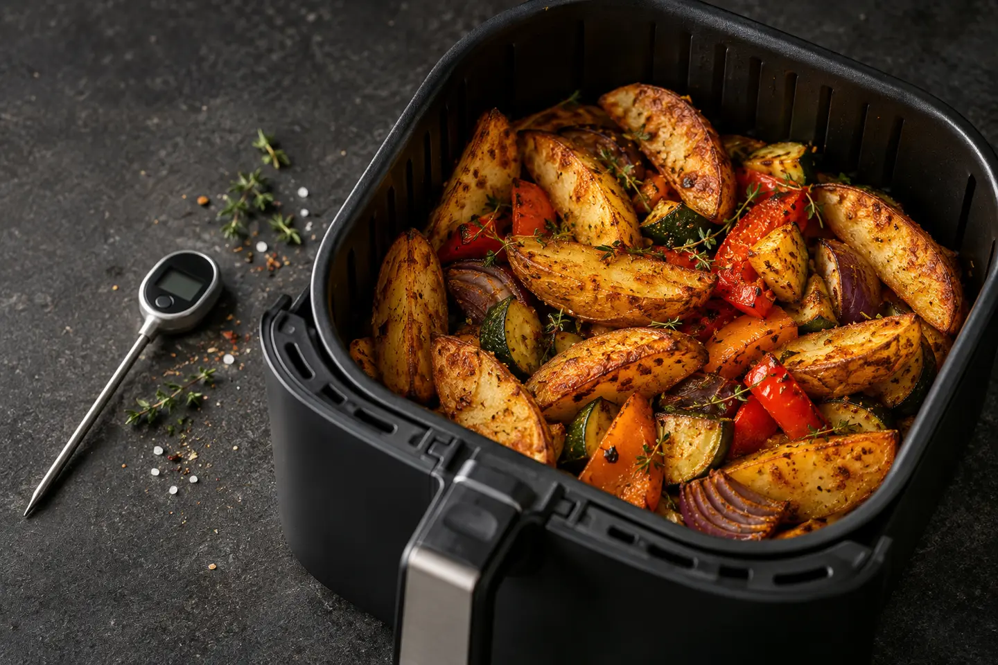 Crispy potato wedges and vegetables in an air fryer basket beside a food thermometer